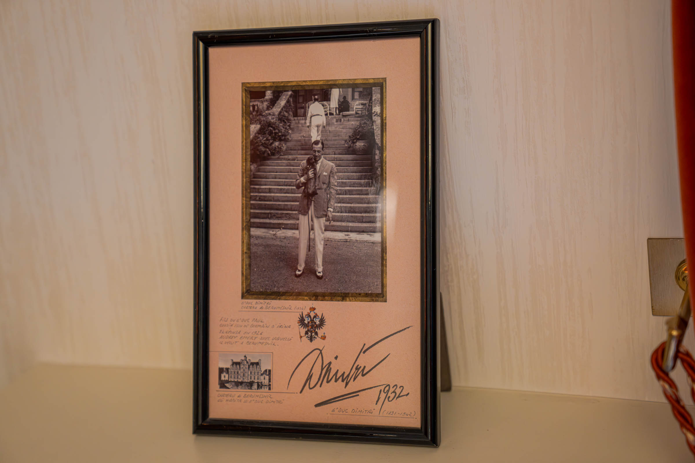 Signed 1932 sepia portrait of Grand Duke Dmitri holding a small dog, part of the Russian heritage on display at Hôtel Napoléon Paris, photo by Marko Tadić, founder of Mr.M by Marko Tadić blog