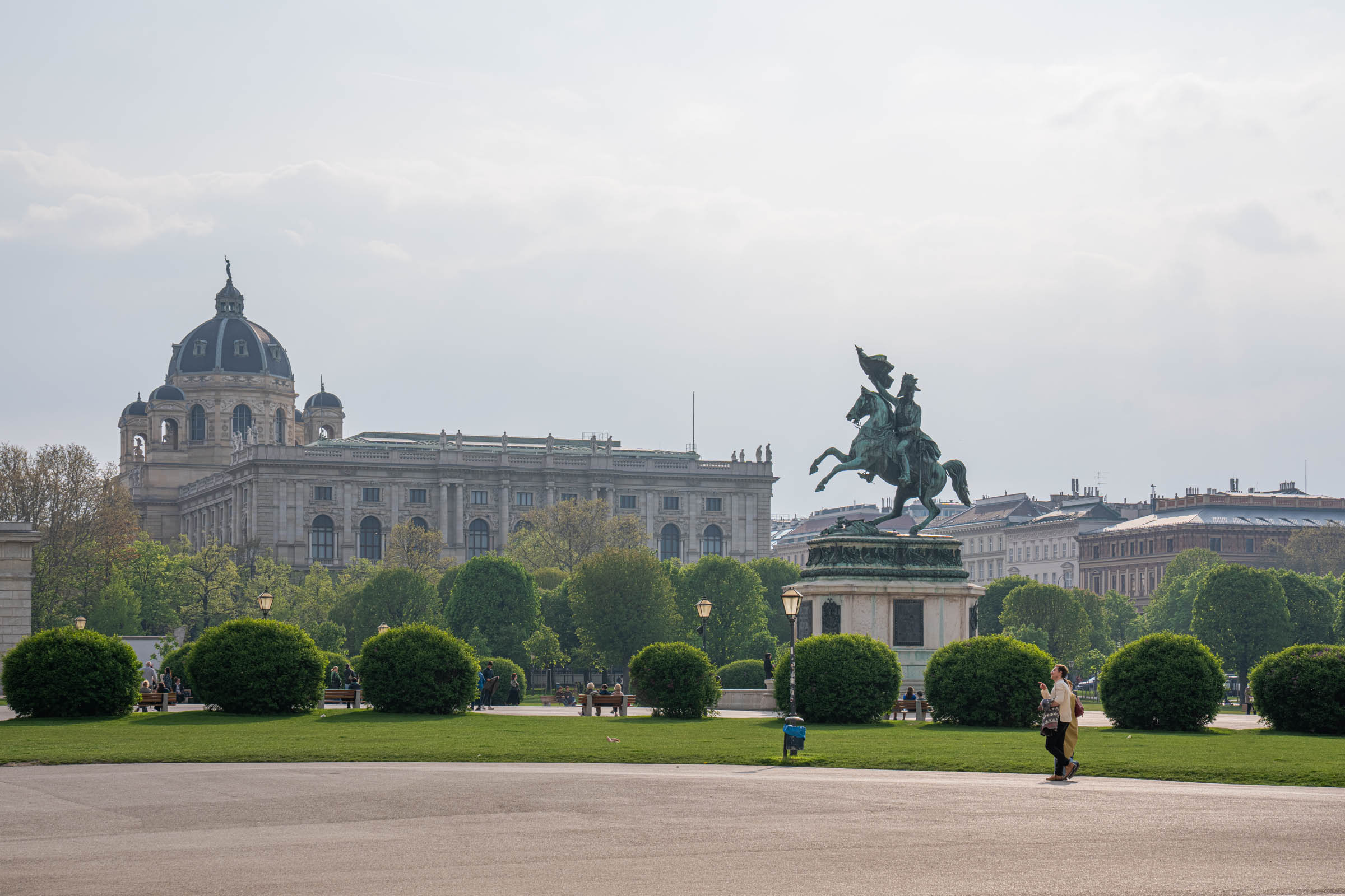 Heldenplatz in Vienna with equestrian statue and the dome of the Natural History Museum in spring