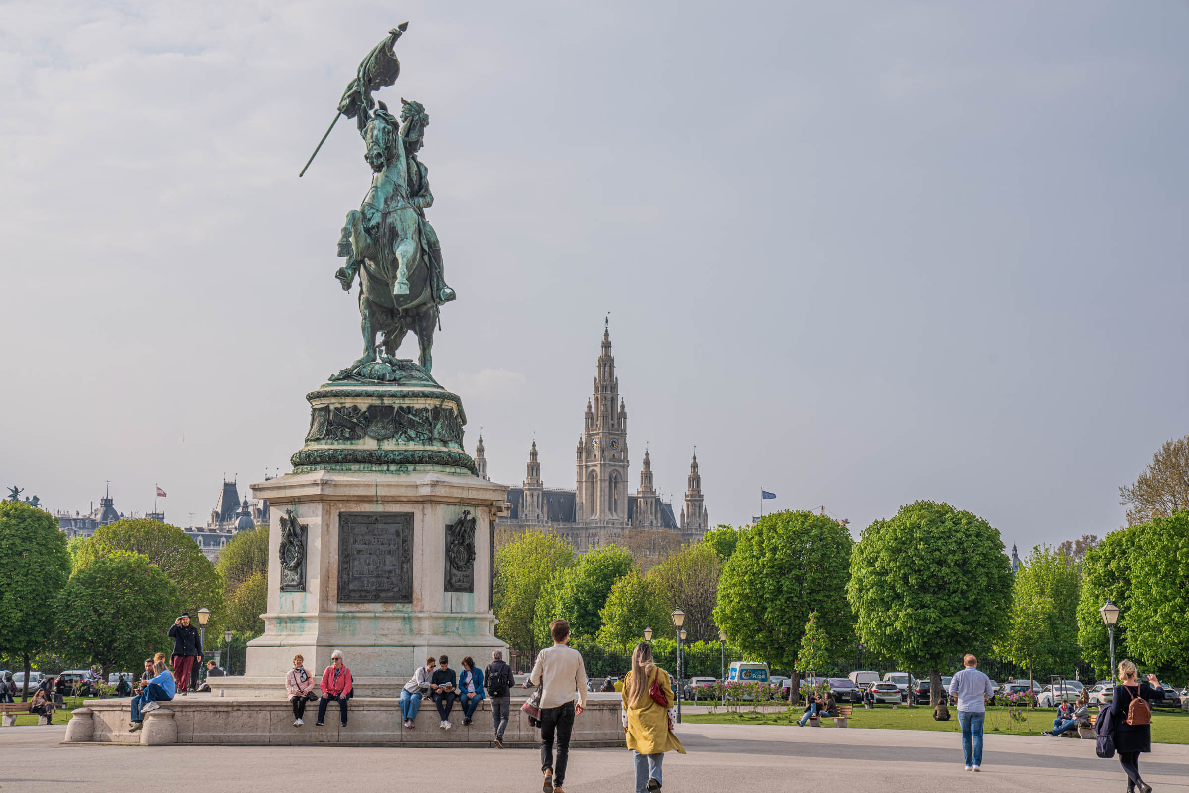 Bronze equestrian statue of Field Marshal Khevenhüller at Maria-Theresien-Platz with museum dome, Vienna