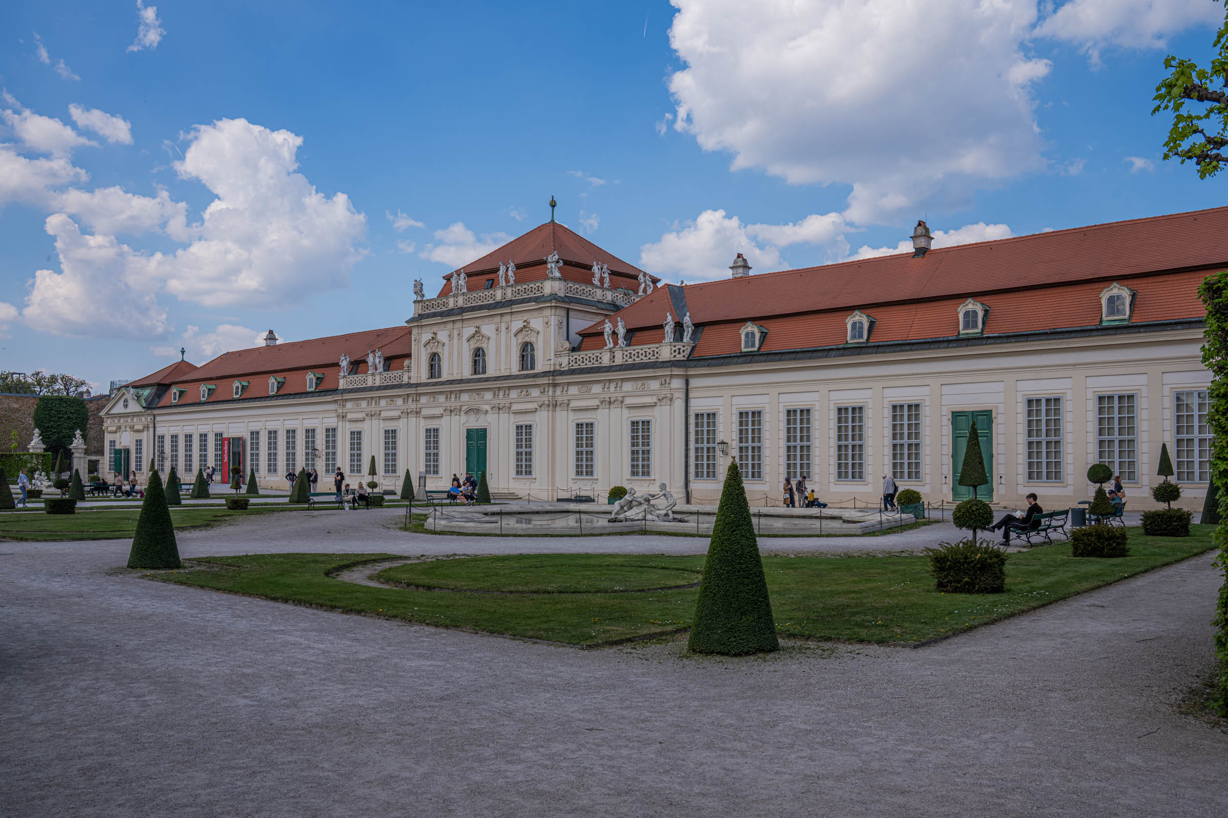 Panoramic view from Upper Belvedere over baroque gardens toward Lower Belvedere and St. Stephen's spire