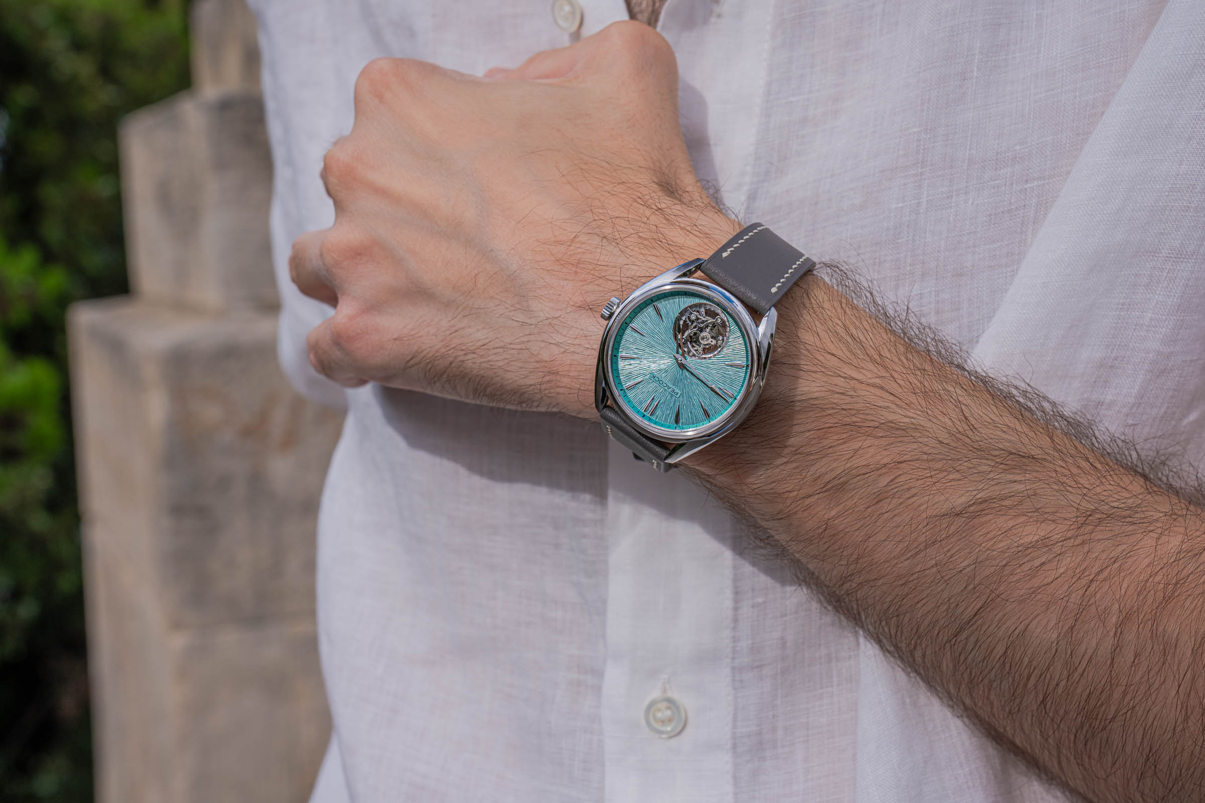 Profile of the 39.5 mm Peacock Divine Craft Tourbillon case on Marko Tadić's wrist