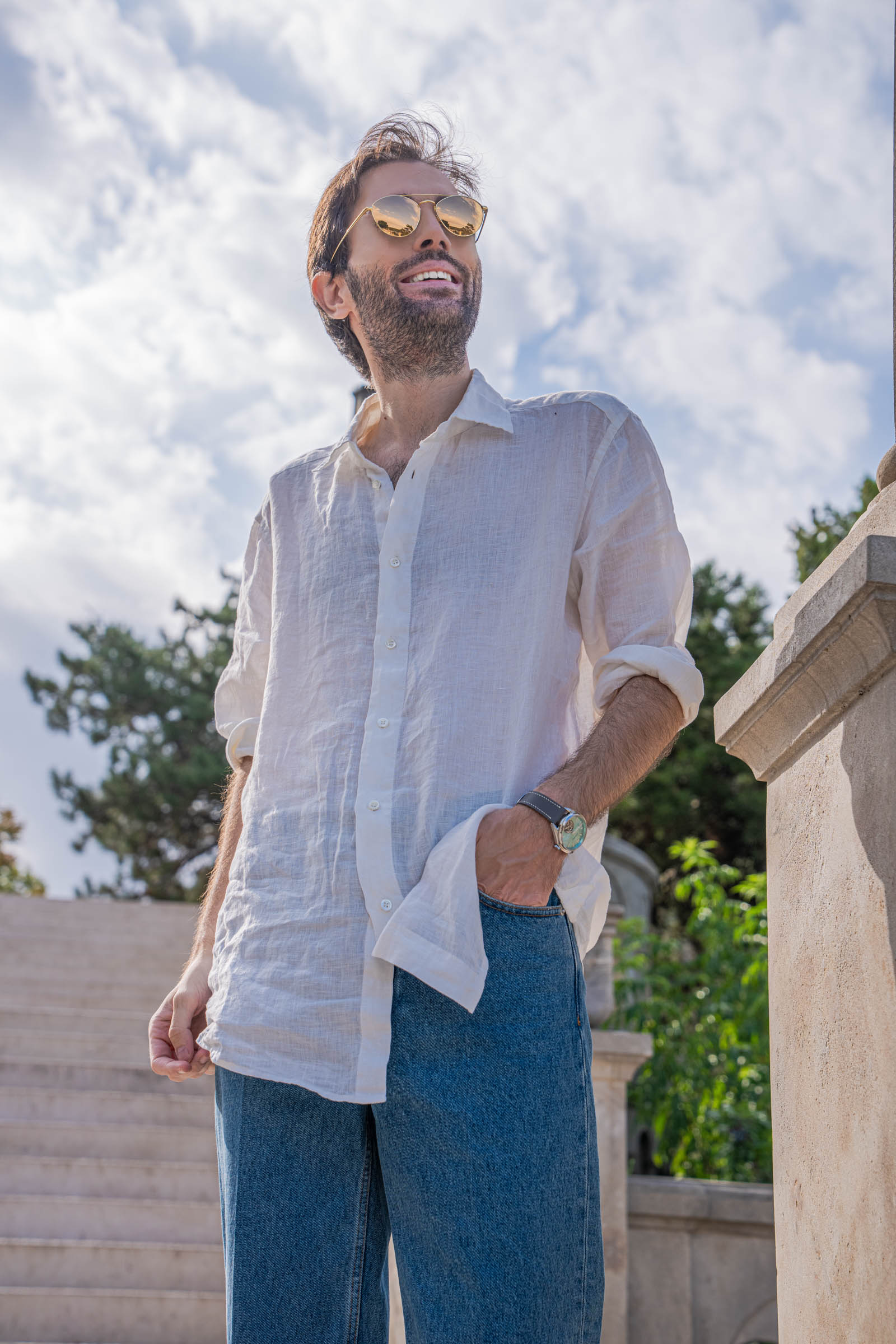 Valentino oversized white linen shirt and gold Linda Farrow sunglasses worn by Marko Tadić