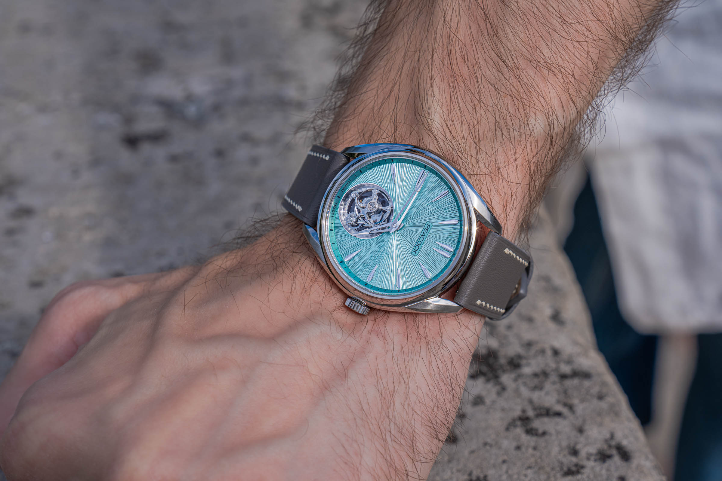 Frosted mint dial of the Peacock Divine Craft Tourbillon on Marko Tadić's wrist